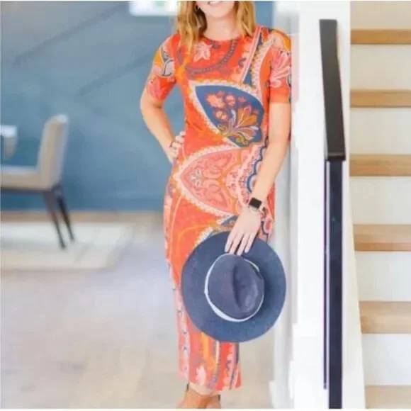 Farm Rio Red Orange Giannina Knit Paisley Midi Dress - Size XS - Picture 12 of 12